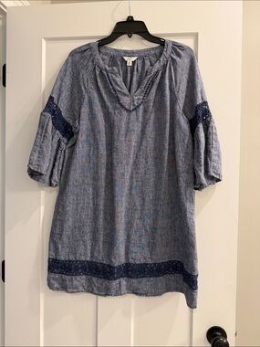 crown & ivy Chambray Blue Crochet-Trim Linen Dress size petite large
